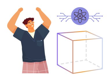 Kollarını kaldırmış tezahürat yapan kişi çizgilere ve tel örgüye bağlı bir atom grafiğinin yanında. Yenilik, keşif, bilim, öğrenme, atılım, yaratıcılık ve BTMM eğitimi için idealdir. Basit.