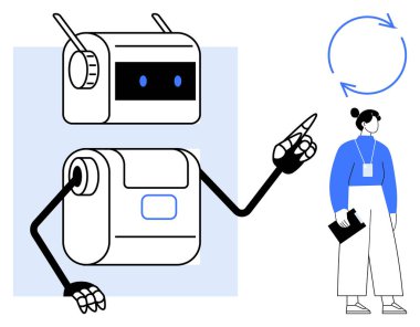 Anteni olan robot, genç profesyonel elinde tuttuğu oklarla ilerlemeyi gösteriyor. Teknoloji, yapay zeka öğrenimi, yenilik, işbirliği, eğitim, otomasyon ve gelecek için ideal. Basit düz