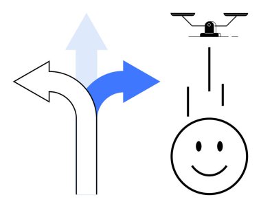 Yolları gösteren oklar, eşitliği yansıtan denge terazileri ve olumlu sonuçları gösteren gülen yüzler. Karar vermek için ideal, seçimler, etik, denge, iyimserlik, strateji navigasyonu
