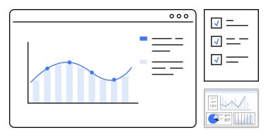 Veri içgörüleri için çizgi grafiği, bar şeması, kontrol listeleri ve yan panelleri olan etkileşimli bir panel. Analiz, araştırma, proje izleme, raporlama, iş büyüme stratejisi için ideal