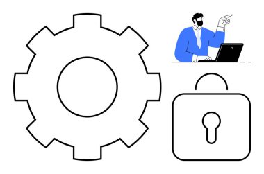 İşlemler için vites sembolü, güvenlik kilidi ve mavi etkileşimli bir dizüstü bilgisayarda çalışan bir iş adamı. Teknoloji, iş stratejileri, siber güvenlik, süreç optimizasyonu ve liderlik için ideal