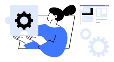 Bir kadın bulmaca parçasını dişli tutarak problem çözmeyi ve yeniliği sembolize ediyor. Takım çalışması, strateji, karar verme, teknik çözümler, yaratıcılık, organizasyon işi başarısı için idealdir. A