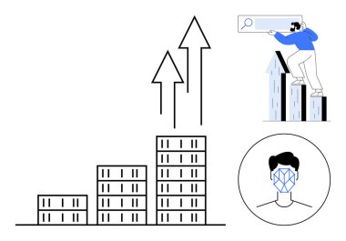 Büyümeyi sembolize eden okları olan bar tablosu, uzun grafikte arama çubuğu kullanan kişi, yüz tanıma konsepti. Analiz, teknoloji, ilerleme, dijital kimlik, yenilik, veri yapay zekası için ideal