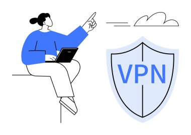 VPN kalkan sunumunun yanında dizüstü bilgisayar işaretleri olan biri. Siber güvenlik, internet güvenliği, veri koruması, çevrimiçi mahremiyet, teknoloji araçları, dijital özgürlük, basit düz metafor