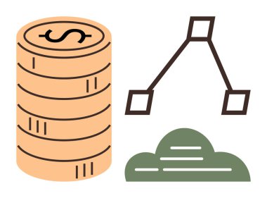 Dolar işaretli para yığını, ağ şemasını bağlayan ve bulut sembolü işbirliği, dijital ekonomi ve zenginliği öneriyor. Finans, yatırım, teknoloji ve tasarruf için ideal