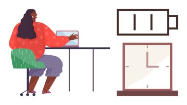 Masada oturan kişi dizüstü bilgisayar, düşük pil sembolü ve saati kullanarak verimliliği, odaklanmayı ve stresi vurguluyor. Uzaktan çalışma, teslim tarihi, denge, birden fazla enerji tüketimi için ideal. Basit.