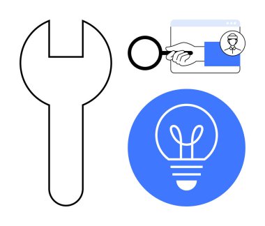 Anahtar, büyüteç, avatar ile tarayıcı penceresi, ve ampul fikirleri, problem çözmeyi, yaratıcılığı, araçları, çevrimiçi arama ve yeniliği sembolize etmek için birleşir. İş teknolojisi için ideal