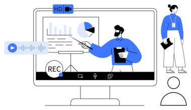 Ses kayıtları, katılımcılar ve kayıt özellikleriyle sanal bir oturum sırasında ekranda veri ve grafikler sunan konuşmacı. Eğitim için ideal, webinarlar, iş dünyası, takım çalışması, işbirliği