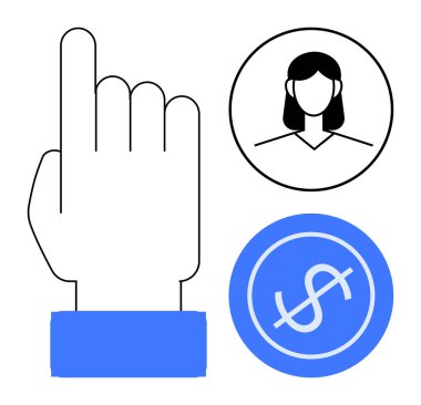 Kadın profil ikonu ve dolar işareti olan el hareketi. Karar verme, finans, çevrimiçi kimlik, ödeme sistemleri, iş, kullanıcı etkileşimi için ideal, basit düz metafor