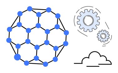 Birbirine bağlı düğümler ve çizgiler ağı, işbirliğini sembolize eden iki vites ve bir bulut. Bağlantı, yenilik, veri, işbirliği, bulut hesaplama teknolojisi otomasyonu için ideal. Basit.