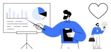 Sunucu elinde panoyla güvertede bar ve pasta grafiğini açıklıyor. Bir ampulle fikirler üreten bir iş adamı. İş için ideal, analiz, yaratıcılık, takım çalışması, yenilik, eğitim