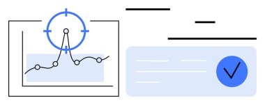 Veri noktalarının yer aldığı çizgi çizelgesi, hedef simge odaklama ve doğrulama simgesi. Analiz, iş stratejisi, ilerleme takibi, karar verme, hedef belirleme, basit iniş sayfası için ideal