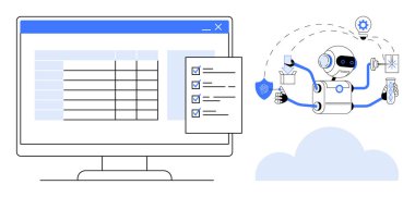 Çoklu silah erişimi olan robot kontrol listesine, kalkanına ve bilgisayar monitörünün yanında veri tablosunu gösteriyor. Teknoloji, otomasyon, bulut hesaplama, yapay zeka, görev yönetimi, üretkenlik için ideal