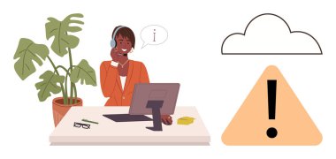 Kulaklıklı bir kadın bilgisayar, bulut ve uyarı levhasıyla masada yardımcı oluyor. Müşteri hizmetleri, teknik destek, bilişim iletişimi, sorun giderme, çevrimiçi yardım, uzaktan çalışma, basit daire