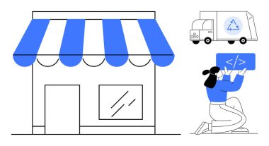 Vitrinde tente, kargo kamyonunda ekolojik semboller, dizüstü bilgisayarda kodlama. E-ticaret, çevrimiçi ticaret, lojistik, sürdürülebilirlik, teknolojik yenilik, KOBİ büyümesi için ideal