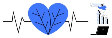 Kalp atışı çizgisinde dallanan damarları olan mavi kalp, bar grafiği, arama çubuğu ve dizüstü bilgisayar kullanan şahıs. Sağlık, sağlık, büyüme, yenilikçi çevre sürdürülebilirlik teknolojisi için idealdir. Basit düz