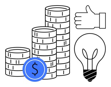 Madeni para yığınları zenginliği, parlayan bir ampul fikrini, onay için bir onay ve mavi para maddi başarıyı ve yeniliği simgeler. Finans, yatırım, yenilik, tasarruf için ideal