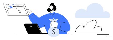 Elinde bir dolar çantası olan adam, dizüstü bilgisayarın yanındaki analitik çizelgeye bakıyor. Finans, dijital pazarlama, iş büyümesi, yatırım planlaması, e-ticaret, istatistik, basit iniş sayfası için ideal