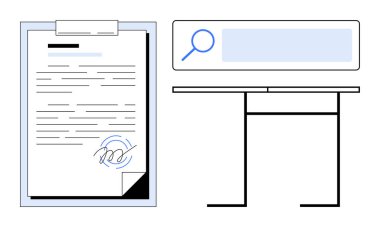 Arama çubuğunun üzerindeki büyüteçle birlikte panoda imzası olan belge. Çalışma süreci için ideal, profesyonellik, belge onayı, arama çözümleri, iş akışı optimizasyonu, iş dünyası