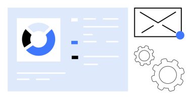 Turta çizelgesi, üzerinde bildirim noktası olan bir zarf, işlem yönetimi için vitesler. Analiz için ideal, e-posta pazarlama, otomasyon, iş akışı, iş stratejisi, veri işleme basit iniş sayfası