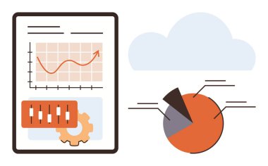 Tablet grafikleri, şamdan çizelgesini ve teçhizatı bir pasta grafiği ve bulutun yanında gösteriyor. Analiz, veri bilimi, teknoloji, bulut hesaplama, istatistik, raporlama ve iş anlayışı için ideal