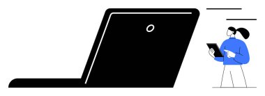 Elinde tablet tutan kişi, teknolojiyi ve yeniliği vurgulayarak büyük boy bir dizüstü bilgisayarın yanında duruyor. Teknoloji, üretkenlik, yenilik, öğrenme, uzak çalışma, minimalizm, basit iniş için ideal