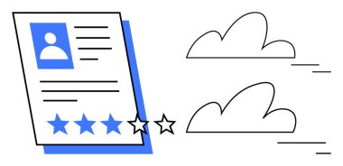 Görüntü, metin, beş yıldızlı profil kartı ve dijital paylaşımı temsil eden bulutlar. Değerlendirmeler için ideal, çevrimiçi profiller, ifadeler, geri bildirim, derecelendirme sistemleri müşteri memnuniyeti