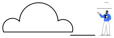 Geniş çizgili bulut şekli ve ona doğru gelen profesyonel bir figür. Teknoloji, veri depolama, bulut hesaplama, yenilik, çevrimiçi hizmetler, modern iş, dijital çözümler için idealdir. Düz