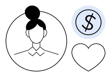 Bir çemberin içinde resmi giyinmiş kadın avatarı, bir dolar işareti ve bir kalp olan bozuk para. Finans, bankacılık, kariyer, ilişkiler, pazarlama servis ekibi kurmak için idealdir. Basit düz