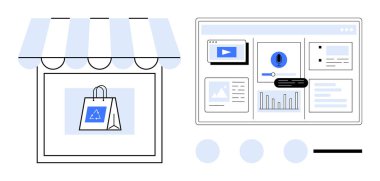 Analiz, video ve tebligat içeren bir e-ticaret panelinin yanında alışveriş çantası olan küçük bir dükkan. Perakende, e-ticaret, analitik, pazarlama, müşteri ilişkileri, iş için ideal