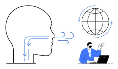 Kafa profili solunum sisteminde hava akışını, oklu küreyi ve masadaki kişiyi gösteriyor. Sağlık eğitimi, küresel farkındalık, çevre, iletişim, bilim ve öğrenme için ideal