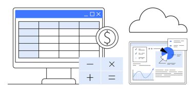 Finansal verileri gösteren bilgisayar ekranı, hesap makinesi sembolleri, bulut deposu, grafikli raporlar. Finans, analitik, bulut tabanlı sistemler, bütçe ve muhasebe teknolojisi için ideal