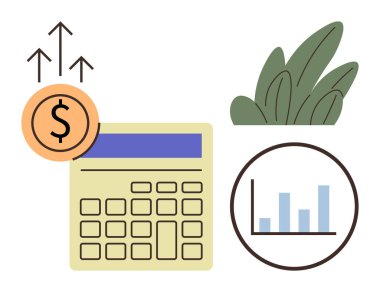 Bar tablosu ve dolar işaretli hesap makinesi mali büyümeyi gösteriyor, oklar da yukarı doğru ilerlemeyi gösteriyor. Finans, muhasebe, yatırım, analiz, başarı, strateji ve iş kavramları için ideal