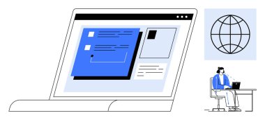 Etkileşimli arayüzü gösteren dizüstü bilgisayar, küresel bağlantıyı simgeleyen dünya sembolü, kulaklıklı kişi. Takım çalışması, iletişim, teknoloji, çevrimiçi hizmet, küresel erişim, uzaktan erişim için ideal