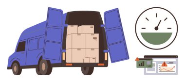Kutularla dolu teslimat aracı, hız göstergesi ve lojistik, zamanlama ve risk yönetimi ile ilgili sistem alarm simgeleri. Ulaşım, dağıtım, verimlilik ve verimlilik izleme için ideal