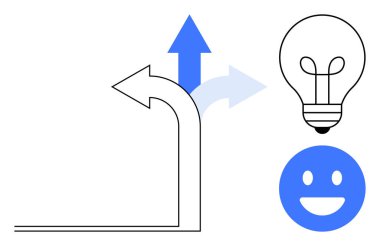 Yön seçimlerini gösteren eğri oklar, yeniliği sembolize eden ampul, pozitifliği simgeleyen gülen yüz. Yaratıcılık, problem çözme, kararlar, yenilik, motivasyon, liderlik için ideal