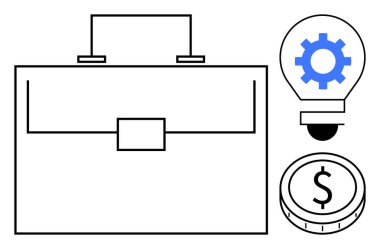 Evrak çantası işi, yeniliği simgeleyen dişli ampul ve maddi büyüme için dolar parası. İş, strateji, girişimcilik, ekonomi, teknoloji ve yaratıcılık için ideal
