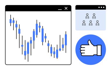 Şamdan desenli mali ticaret şeması, tarayıcı penceresindeki kullanıcı profili simgeleri ve onay işareti. Finans, veri analizi, ticaret, takım çalışması, onay ve işbirliği için ideal.
