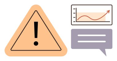 Çizgi çizelgesinin yanında ünlem işareti ve büyüme eğilimi ve sohbet kutusu olan üçgen uyarı işareti. Uyarı, risk, büyüme, analitik, mesajlaşma, bilgilendirme, güvenlik için ideal. Basit düz metafor