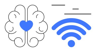 Mavi kablosuz sinyalin yanında merkezi kalp sembolü olan bir beyin. Teknoloji, bağlantı, duygusal zeka, yenilik, akıl sağlığı, iletişim, basit iniş sayfası için ideal