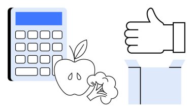 Elma ve brokoliden sonra hesap makinesi, baş parmak işareti ve açık kutu. Verimlilik, sağlık, planlama, hesaplama, beslenme, karar verme sade iniş sayfası için ideal