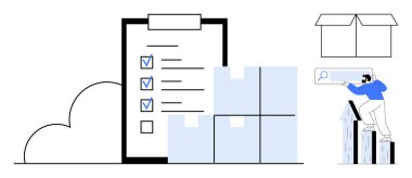 İşaretli görevleri olan kontrol listesi, kutular yığını, bar tablosunda büyüteçle veri analiz eden kişi. Lojistik, envanter, organizasyon, planlama, yönetim, veri arama analizleri için ideal