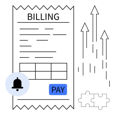 Bildirimli ödeme makbuzu, büyüme okları ve finansal planlamayı sembolize eden bulmaca parçaları. İş, fatura, ödeme, finans, başarı organizasyonu ve strateji için ideal. Basit.
