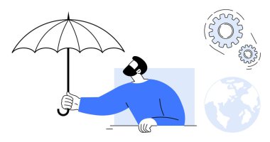 Adamın şemsiyeyi koruma sembolü olarak tutması, vites simgeleri ve küresel bağlantı, işbirliği ve küresel problem çözme ile. Konseptler için ideal güvenlik ve takım çalışmasını destekliyor