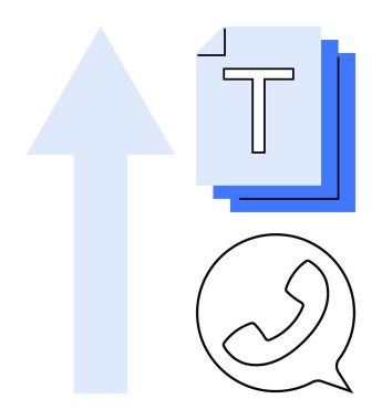 Yukarı ok, üst üste yığılmış belgeler ve iletişim sembolü büyümeyi, organizasyonu ve bağlantıyı temsil eder. İş için ideal, üretkenlik, iletişim, başarı takım çalışması stratejisi basit iniş