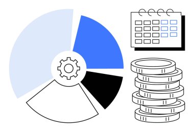 Teçhizatlı turta şeması, yığınla bozuk para ve finansal organizasyonu destekleyen takvim. Yönetim, analitik, yatırım, zaman izleme, bütçe büyümesi için ideal. Basit düz