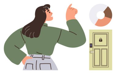 Düşünceli bir şekilde yukarı bakan kadın, pasta grafiği analizi, kilitli güvenli bir kapı. Ticari başarı, strateji, güvenlik, analiz, organizasyon, yenilik için ideal basit düz metafor