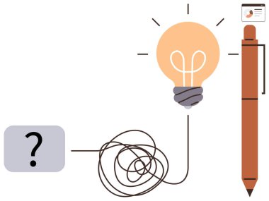 Fikirler için ampul, berraklığa giden karmaşık hat, infaz için kalem ve meydan okumalar için soru işareti. Yenilik, problem çözme, yaratıcılık, beyin fırtınası, takım çalışması eğitimi için ideal