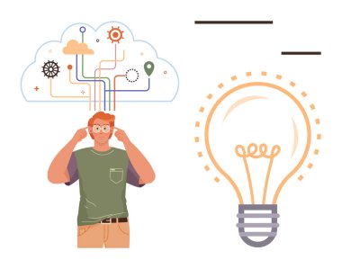 Sıradan giyinmiş bir adam birbirine bağlı fikirler ve vitesler bulutunun altında parlayan bir ampulün yanında kafa yoruyor. Yaratıcılık, yenilik, beyin fırtınası, problem çözme, strateji için ideal