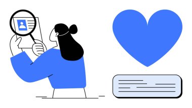 Kadın figürü, mavi kalp ve ders kutusunun bitişiğindeki büyüteçten kimlik kartını inceliyor. İşe alma, profil doğrulama, kullanıcı incelemesi, kişisel veriler, müşteri sadakati, çevrimiçi profil için ideal